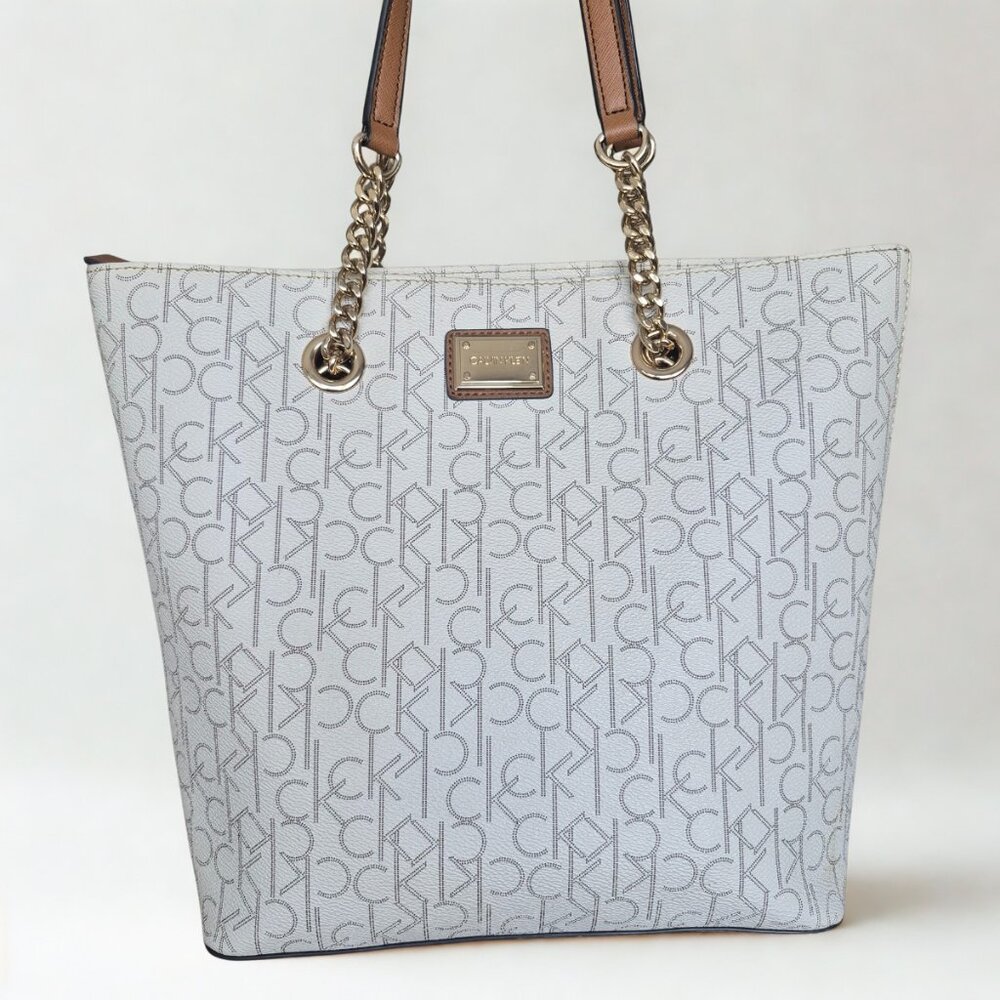 Calvin Klein Tote Bag White Monogram Logo Shoulder Purse Gold Chain Straps
